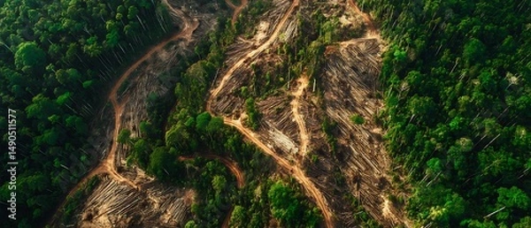 Fototapeta Close-up of An aerial view of a massive deforestation area in a tropical rainforest.
