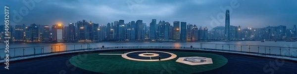 Fototapeta Illuminated Circular Helipad atop Modern Skyscraper: Aerial View of Urban Skyline at Blue Hour. Luxurious Rooftop Landing Area with Glass Railings and Green Carpet. Dramatic City Lights for Commercial