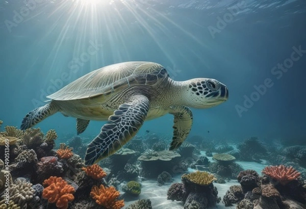 Fototapeta A majestic green sea turtle explores a dazzling coral reef in a tranquil blue ocean ,  ocean,  colorful, sea turtle