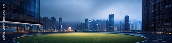 Fototapeta Illuminated Circular Helipad atop Modern Skyscraper: Aerial View of Urban Skyline at Blue Hour. Luxurious Rooftop Landing Area with Glass Railings and Green Carpet. Dramatic City Lights for Commercial
