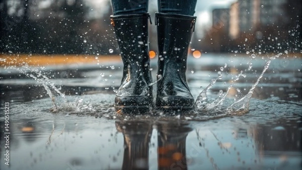 Fototapeta Person Wearing Black Waterproof Boots Jumping in Rain Puddles with Water Splashes and Reflections in Urban Environment on a Gloomy Day