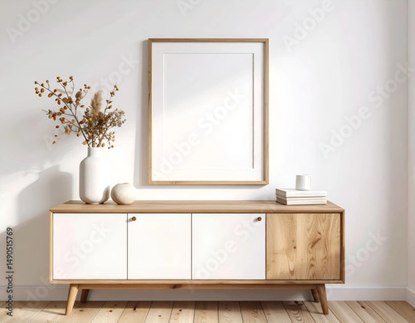 Fototapeta Minimalist mockup of poster and wall art frame on white background / interior. A clean and simple mockup of a [object], perfect for showcasing designs or products. High resolution and minimalist style