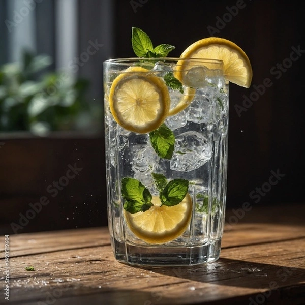 Obraz "A transparent glass of iced lemon water on a wooden table, condensation on the glass, slices of lemon and mint leaves floating, natural daylight and sharp details"
