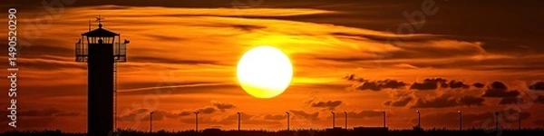 Fototapeta Silhouette of Lighthouse Against Golden Sunset: Captivating Abstract Commercial Background for Car Advertising. Warm, Serene Atmosphere with Watchtower Outline and Cloudless Sky. High-Resolution Sceni