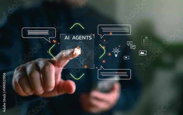 Obraz Businessman using AI agent interface for smart automation and digital communication. Concept of artificial intelligence, chatbot, virtual assistant, and generative AI technology.