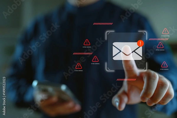 Fototapeta Email phishing attack warning with digital alert icon. Concept of cybersecurity threat, scam email, malware, spam detection, data breach, and secure communication system.