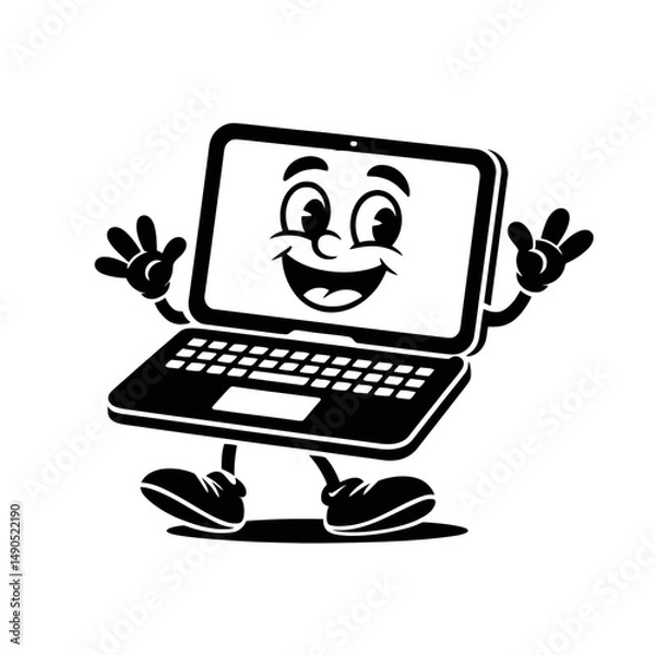 Fototapeta A cartoon laptop character with a smiling face stands cheerfully, waving its animated hands.