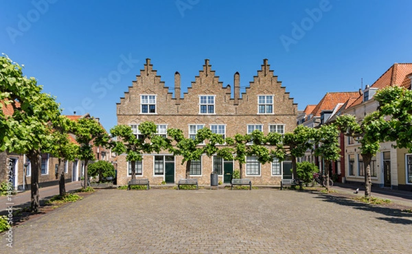 Obraz Square with historic stepped gabled houses in the old town of Vlissingen, province of Zeeland, Netherlands