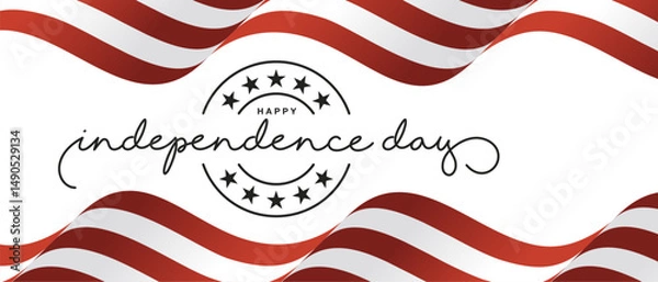 Obraz Happy Independece Day 4th of July banner. USA red white waving flag ribbon with black handwritten calligraphy and stars on white background