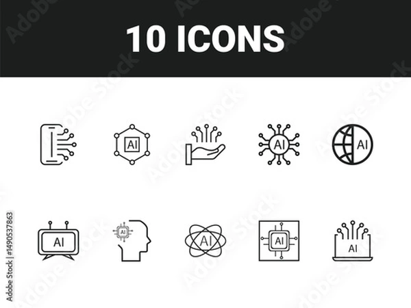 Obraz Artificial intelligence line icon set. Set of outline icons related to virtual assistant, generative AI, robotic, data science and others. Vector illustration.