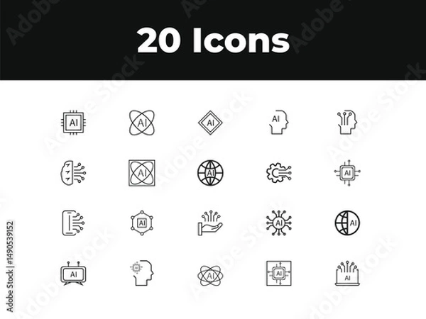 Obraz Artificial intelligence line icon set. Set of outline icons related to virtual assistant, generative AI, robotic, data science and others. Vector illustration.
