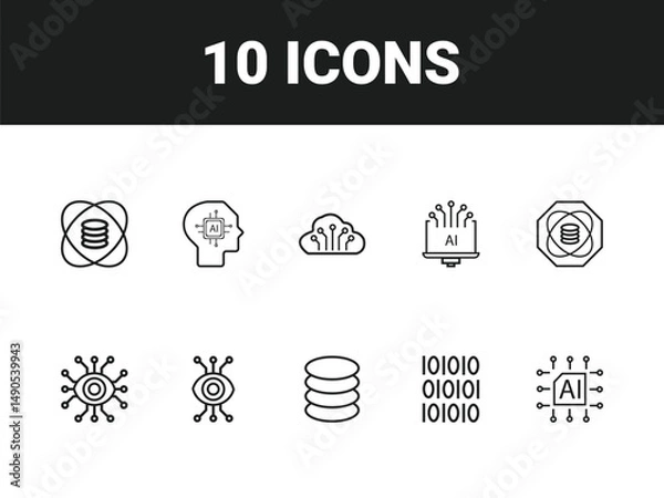 Fototapeta Artificial intelligence line icon set. Set of outline icons related to virtual assistant, generative AI, robotic, data science and others. Vector illustration.