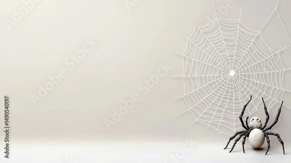 Fototapeta Halloween spider web background. A spider with intricate web on light beige backdrop