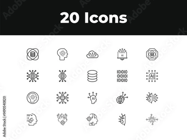 Fototapeta Artificial intelligence line icon set. Set of outline icons related to virtual assistant, generative AI, robotic, data science and others. Vector illustration.