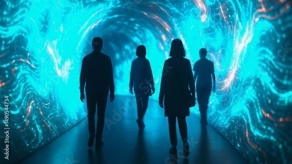 Fototapeta Four people walking through an immersive futuristic projection tunnel with glowing blue and orange lights and digital wavy patterns, experiencing augmented or virtual reality