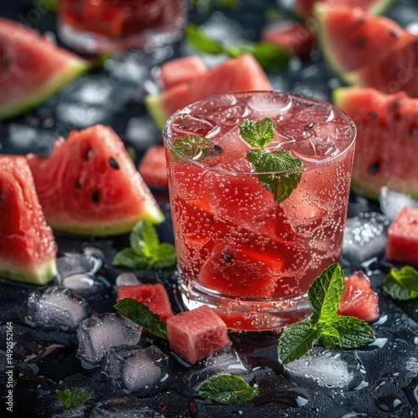 Obraz Fresh watermelon juice with ice, surrounded by slices of watermelon and mint leaves, in a cold, refreshing drink on a summer day.
