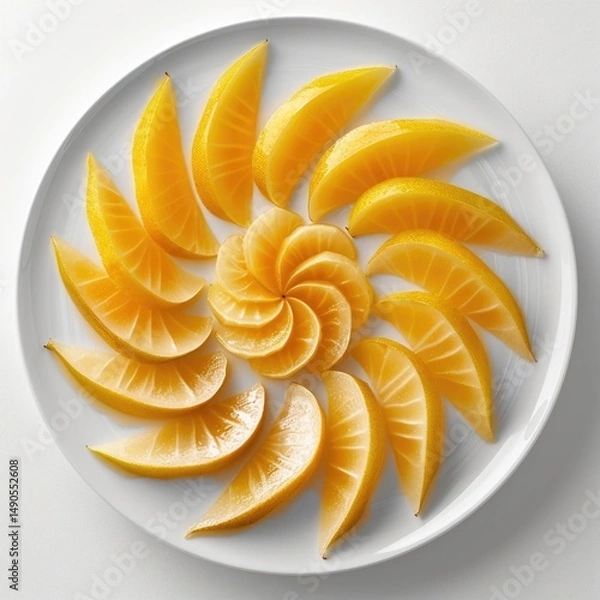 Obraz Fresh-cut slices of starfruit arranged in a spiral pattern on a white ceramic plate, capturing their translucent golden glow.