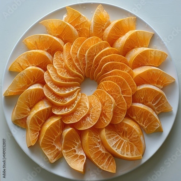 Obraz Fresh-cut slices of starfruit arranged in a spiral pattern on a white ceramic plate, capturing their translucent golden glow.