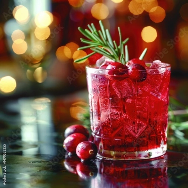 Obraz Frosted glass filled with vibrant red cranberry juice, ice cubes, and a sprig of rosemary, sitting on a reflective surface, with a soft-focus background
