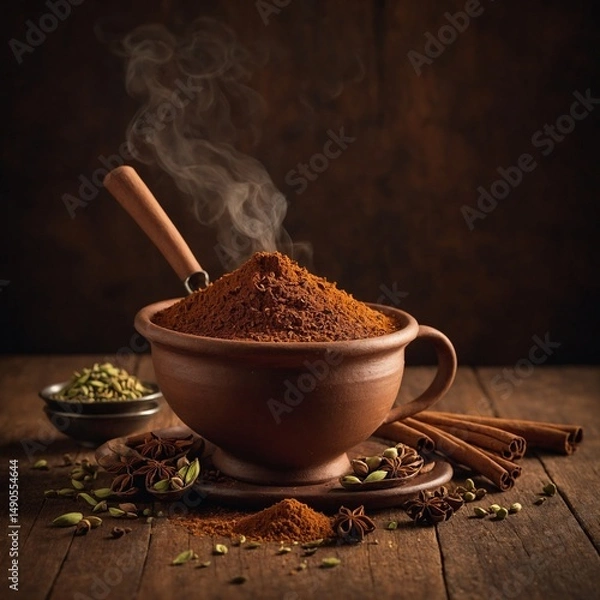 Obraz "A traditional clay cup filled with masala chai, steam rising in soft curls, surrounded by Indian spices like cardamom and cinnamon, rustic wooden background, warm lighting, photorealistic"