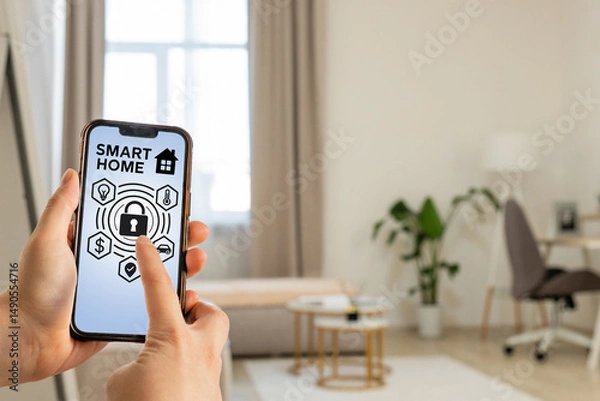 Fototapeta Exploring smart home technology through a mobile device in a modern living room setting