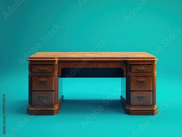 Fototapeta Stylish office desk with drawers and a smooth wooden top against a vibrant teal background.
