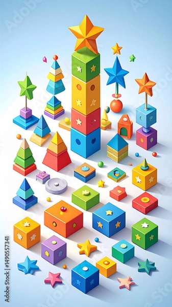 Fototapeta Educational vector design with stackable shape blocks and arrows for toddlers learning motor skills with colorful clean layout
