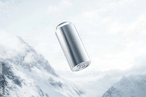 Fototapeta A sleek, silver aluminum can floats against a backdrop of snow-capped mountains under a hazy sky