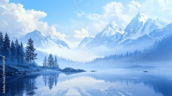 Fototapeta Serene Winter Landscape: Misty Mountains Reflecting on a Frozen Lake