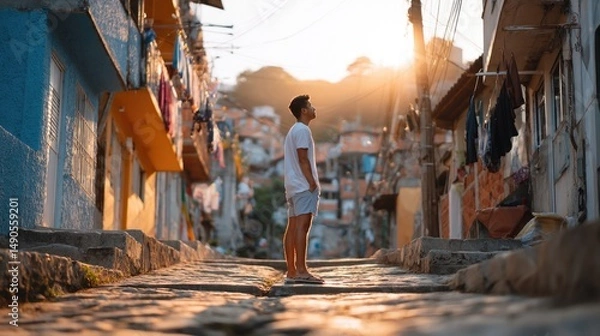 Obraz A solitary young man standing on a narrow, steep alleyway in a Brazilian favela