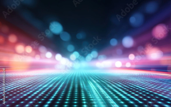 Fototapeta Abstract blurred futuristic grid with vibrant neon lights, creating dynamic and colorful digital landscape. glowing dots and bokeh effects evoke sense of technology and innovation