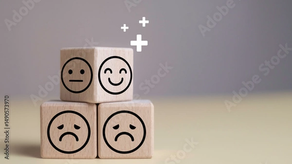Fototapeta Mental health awareness in wood cube stacking and employee well-being. Happy client or worker receiving positive feedback, symbolizing satisfaction, smiles, and emotion face.