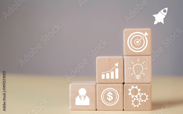 Fototapeta Rocket launch as a symbol of startup success in wood cube. Creativity, innovation, and strategic planning to reach business goals, project targets, and market trends.