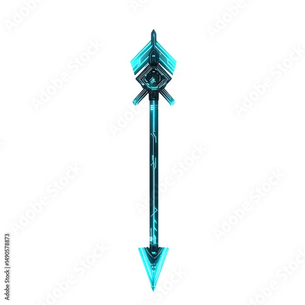 Fototapeta Futuristic Arrow with Digital Overlays in Neon Cyan Isolated on Transparent Background