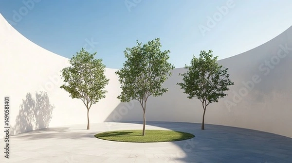 Fototapeta Elegant Circular Courtyard with Three Carpeted Trees: Minimalist 3D Rendered Car Advertisement Background. Ancient Meets Modern in High-Resolution 2K Digital Art. Clean Lines and Desaturated Colors un