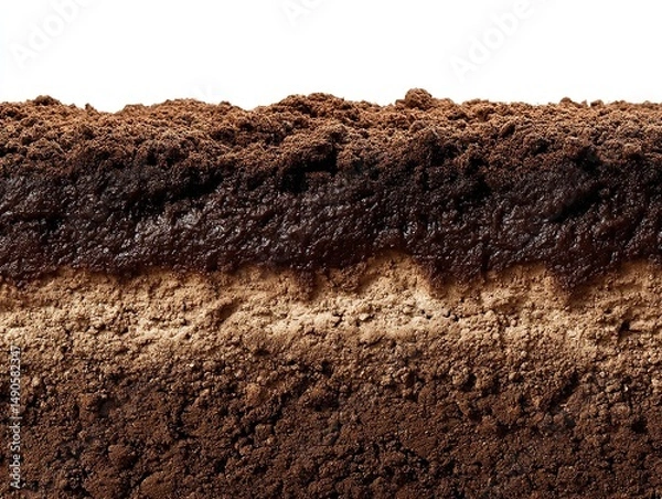 Fototapeta Soil Layers: A cross-section showcasing different strata, textures, and shades of brown earth on white backdrop.
