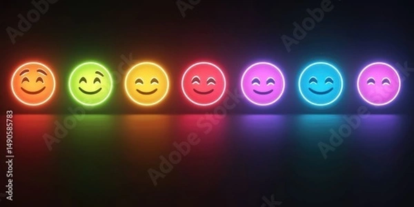 Fototapeta Gradient neon emoji scale from happy to sad on black background