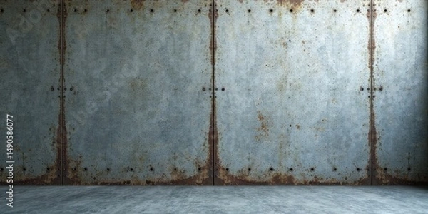 Fototapeta Rustic Industrial Setting Weathered Metal Wall and Concrete Floor Ideal for Textured Backgrounds or Design Projects