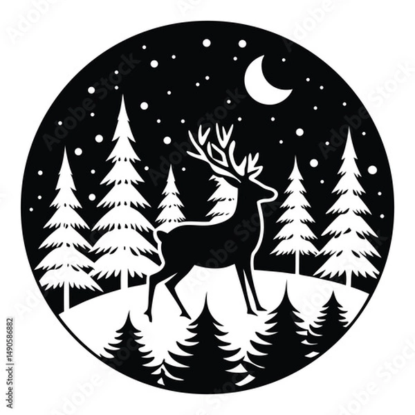 Fototapeta Silhouette of a deer in a forest with snowflakes and moon in a circle design