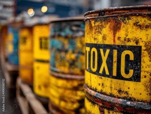 Fototapeta Rusty Drums of Hazardous Materials in an Industrial Environment
