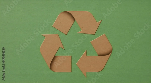 Obraz Eco-Friendly Recycling Logo: Brown Cardboard Texture on Vibrant Green. Symbolizing Environmental Responsibility and Renewable Materials