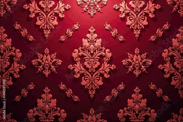 Fototapeta Intricate floral damask textile pattern in rich burgundy , background, scroll