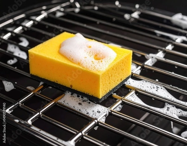 Fototapeta Yellow sponge with soap suds on metal grill rack in cleaning process