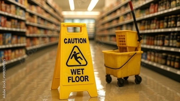 Fototapeta Yellow caution wet floor sign stands prominently in a supermarket aisle next to a cleaning cart, indicating a recently mopped and potentially slippery area