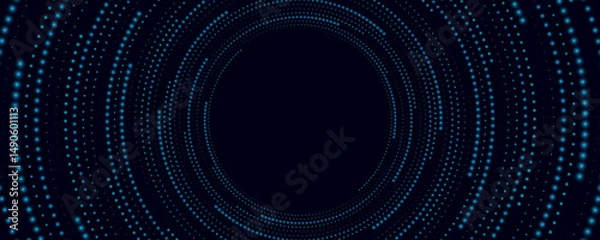 Fototapeta Abstract swirling digital circles of glowing blue dots on black background. Big Data visualization into cyberspace. Futuristic technology frame. Vector illustration