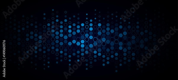 Fototapeta Abstract tech glowing blue hexagons for Business or Science background. Cyber honeycomb mosaic. Scientific research presentation backdrop for online webinar. Vector Illustration