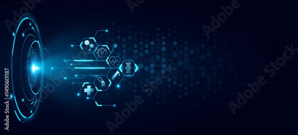 Fototapeta Futuristic HUD circle with holographic chart of connected hexagons and health care icons. Medical technology background. Digital health insurance concept. Vector illustration