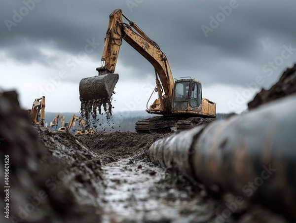 Fototapeta Construction Site Excavation: Large yellow excavator digs trench for pipe laying under a cloudy sky.