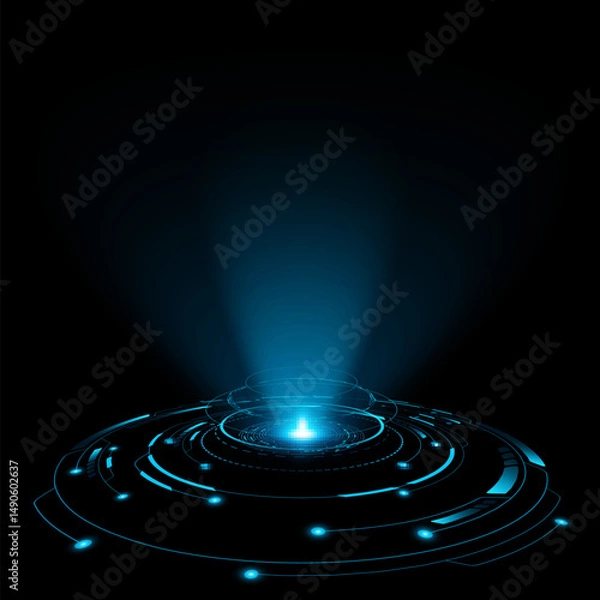 Obraz Digital HUD circle with holographic beam on black background. Futuristic sci-fi ring. Technology element for UI and GUI design. Vector illustration