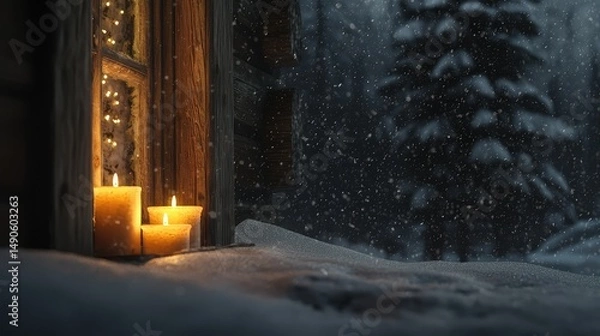 Obraz Snow gently falling outside a cottage window, while a candle trio glows inside.